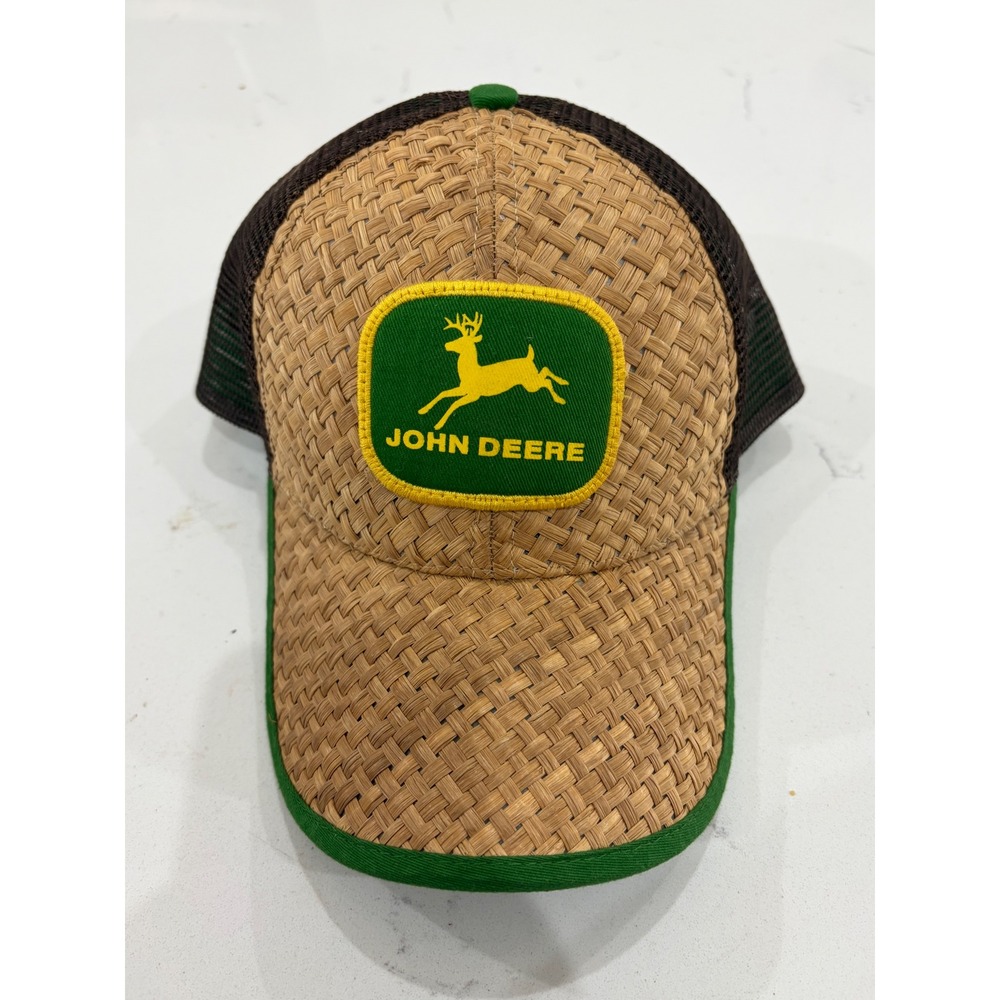 Vintage John Deere Straw Basketweave Front Green Mesh Snap Back Baseball Hat Cap